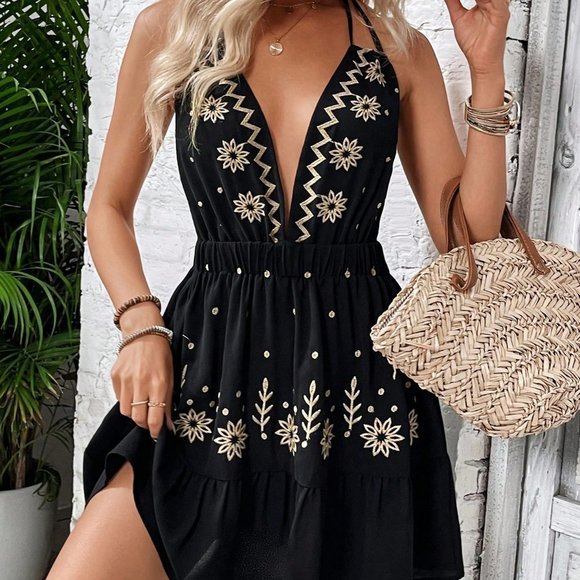 Black Boho Women's Embroidered Halter Backless Dress - Picture 1 of 5